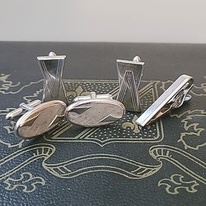 Mens Vintage Silver Tone Cufflinks & Tie Clip Lot, 2 Pairs